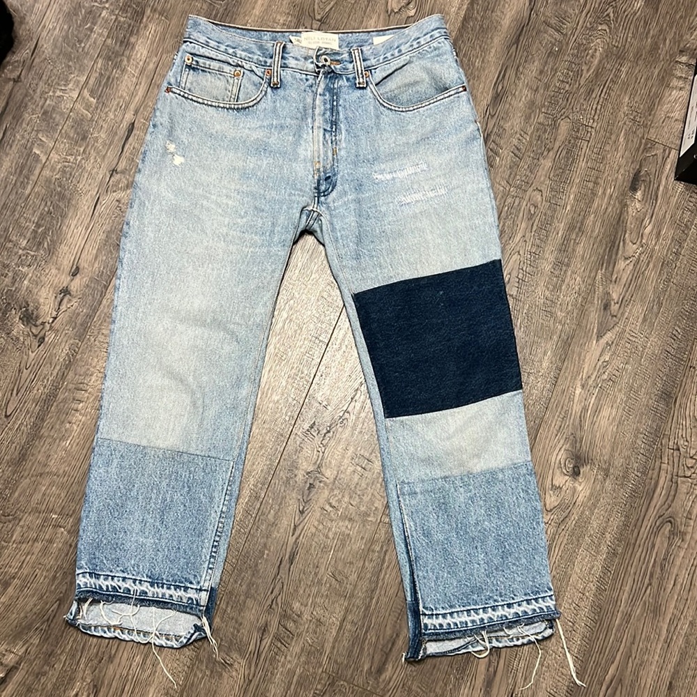Nili Lotan Light and Dark Blue Patchwork Cropped Jeans